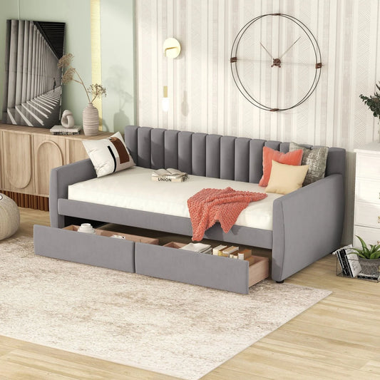 Twin Size Daybed with 2 Storage Drawers, Tufted Upholstered Sofa Bed Frame with and Wood Slat Support, Perfect for Bedroom, Gray