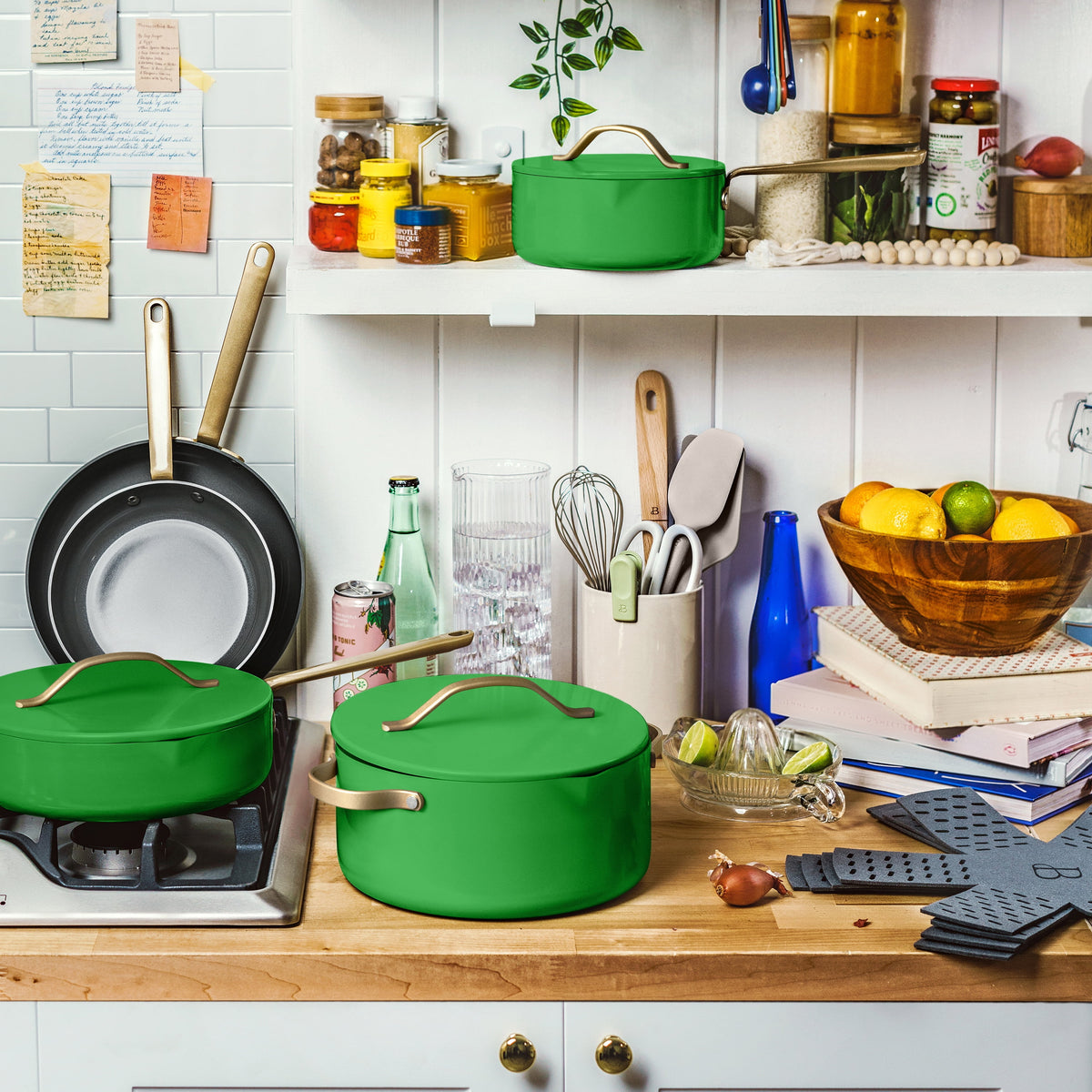 Beautiful 12pc Ceramic Non-Stick Cookware Set with Strainer Lids, White Icing by Drew Barrymore