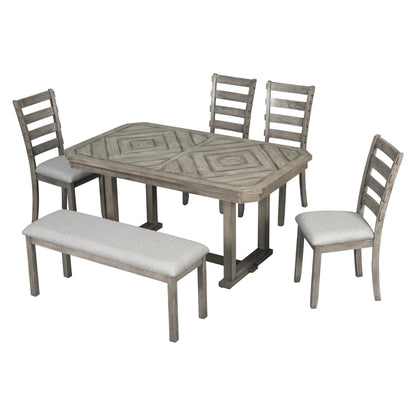 Bellemave 6-Piece Dining Table Set, Rubber Wood Rectangular Kitchen Table Set for 6, Farmhouse Dining Table Set with 4 Upholstered Chairs and Bench (Gray)