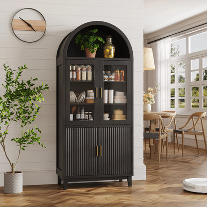 VEANERWOOD 71" Tall Arch Cabinet, Wood Fluted Kitchen Kitchen Storage Cabinet with 4 Doors and 6 Shelves for Dining Room Living Room