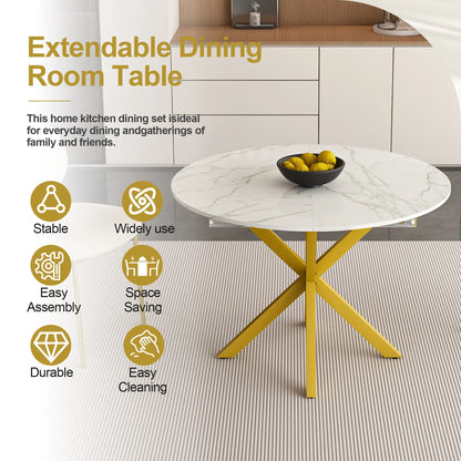 UHOMEPRO Extendable Dining Table with Extendable Blades, Modern Round Kitchen Table with Faux Marble Tabletop, Single Dining Room Table with Carbon Steel X-shaped Base for Dining Room, White+Gold