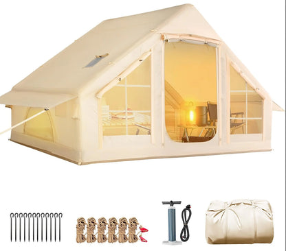 Yoleny 12'x8' Inflatable Tent, 96 SFT Blow Up Tent for Camping, 4 Season Oxford Glamping Tents with Clear Skylight, Pump & Stove Jack