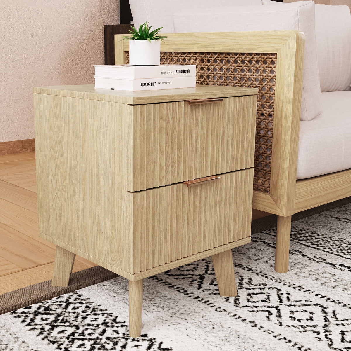 YOCWO Fluted Nightstand for Bedroom Set of 2 , Wood Bedside Table Set of 2 with Drawers, Black