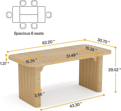 Tribesigns Farmhouse Dining Table for 4-6, Rectangular Wood Kitchen Table with Double Pedestal, 62-Inch Dinner Table for Dining Room, Living Room (Natural)