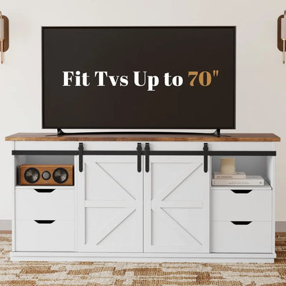 Vineego 70 inch Farmhouse TV Stand for Living Room, Entertainment Center with Sliding Barn Doors & 4 Storage Drawers, Adjustable Shelves Rustic Media Console for Bedroom,White