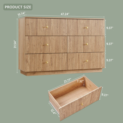 wow97e Fluted 6 Drawers Dresser, Wood 47" Tall Chest of Drawers with Deep Storage, Modern Bedroom Chest for Closet Hallway, Entryway, Living Room