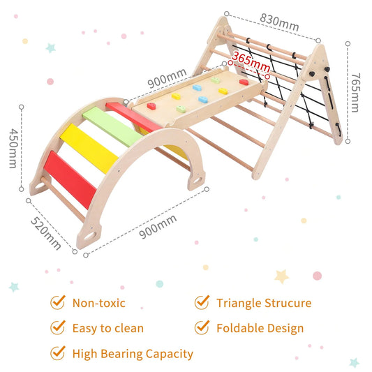 3-in-1 Wooden Climbing Toys, Foldable Triangle Ladder Toy, with Ramp, Slide or Climb, Indoor Gym Playground Playset for Toddlers