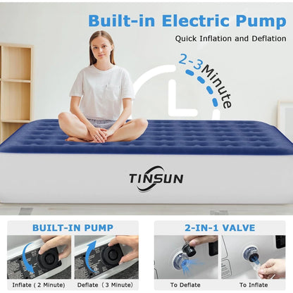 13" Queen Air Mattress, Portable Inflatable Blow Up Bed with Built-in Pump, Air Bed for Camping, Beach, Outdoor, Guest, Blue
