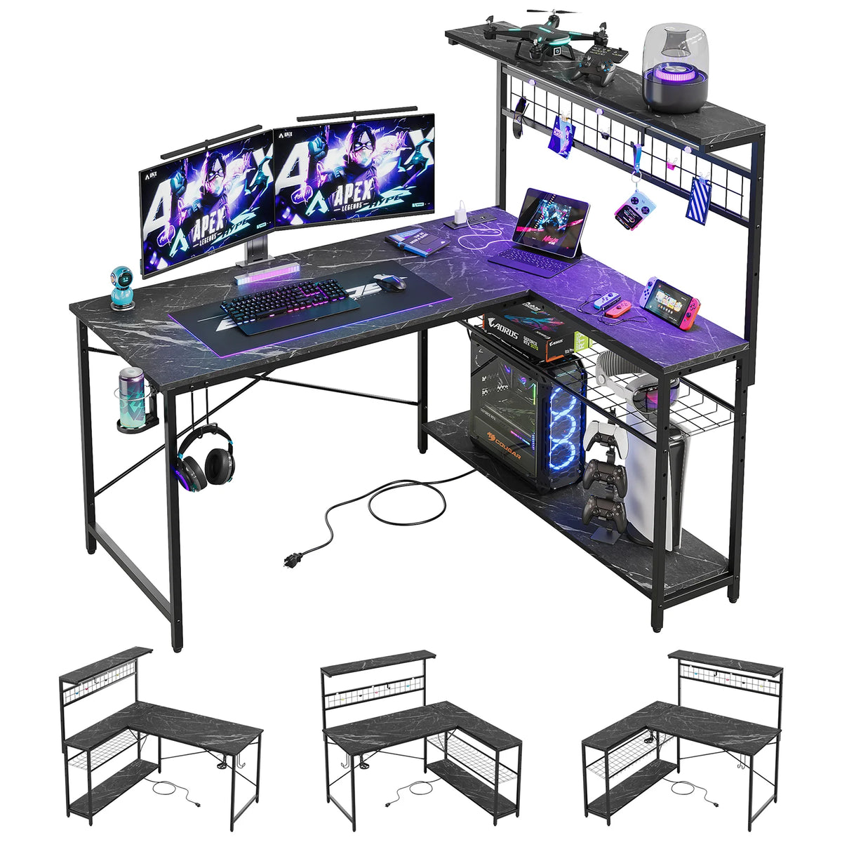 Bestier 51 L Shaped Gaming Desk with Power Outlets & LED Light, Computer Desk with 4 Tiers Shelves for Home Office, Reversible Gamer Table with Hooks and Cup Holder, Carbon Fiber