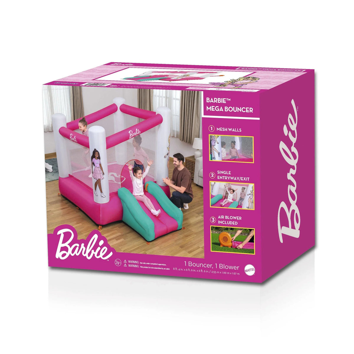 Barbie Inflatable Bounce House with Mesh Walls, Slide and Blower, Indoor/Outdoor, Ages 3+