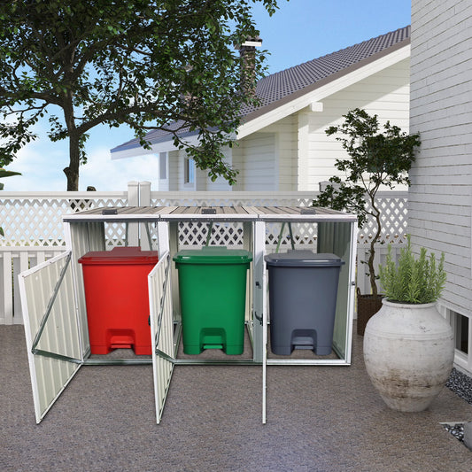 Aukfa 7.3' W Outdoor Garbage Bin Storage, Metal Storage Shed for 3 Trash Cans Tools, Waterproof Trash Can Storage