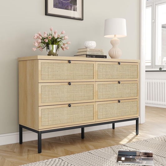 Brafabhome Rattan 6 Drawers Dresser for Bedroom, Vintage Boho Double Dresser Wicker Chest with Wooden Legs for Living Room Hallway| Mint