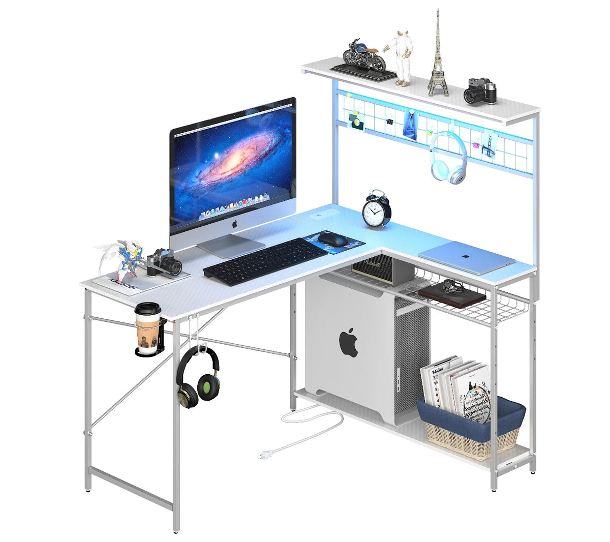 Bestier 51 L Shaped Gaming Desk with Power Outlets & LED Light, Computer Desk with 4 Tiers Shelves for Home Office, Reversible Gamer Table with Hooks and Cup Holder, Carbon Fiber