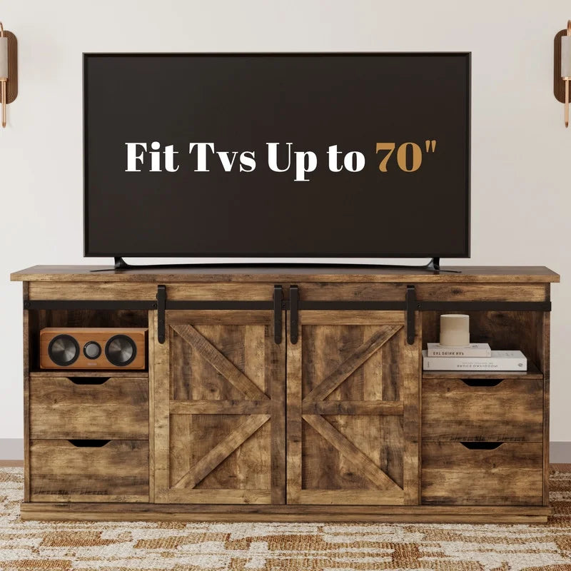 Vineego 70 inch Farmhouse TV Stand for Living Room, Entertainment Center with Sliding Barn Doors & 4 Storage Drawers, Adjustable Shelves Rustic Media Console for Bedroom,White