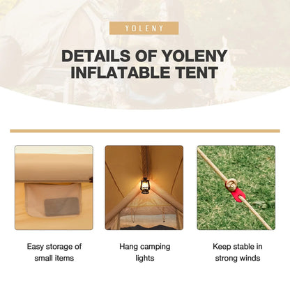 Yoleny 12'x8' Inflatable Tent, 96 SFT Blow Up Tent for Camping, 4 Season Oxford Glamping Tents with Clear Skylight, Pump & Stove Jack