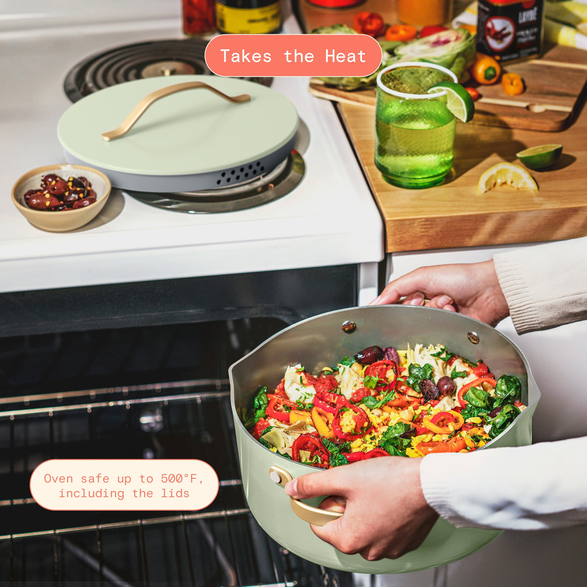 Beautiful 12pc Ceramic Non-Stick Cookware Set with Strainer Lids, White Icing by Drew Barrymore