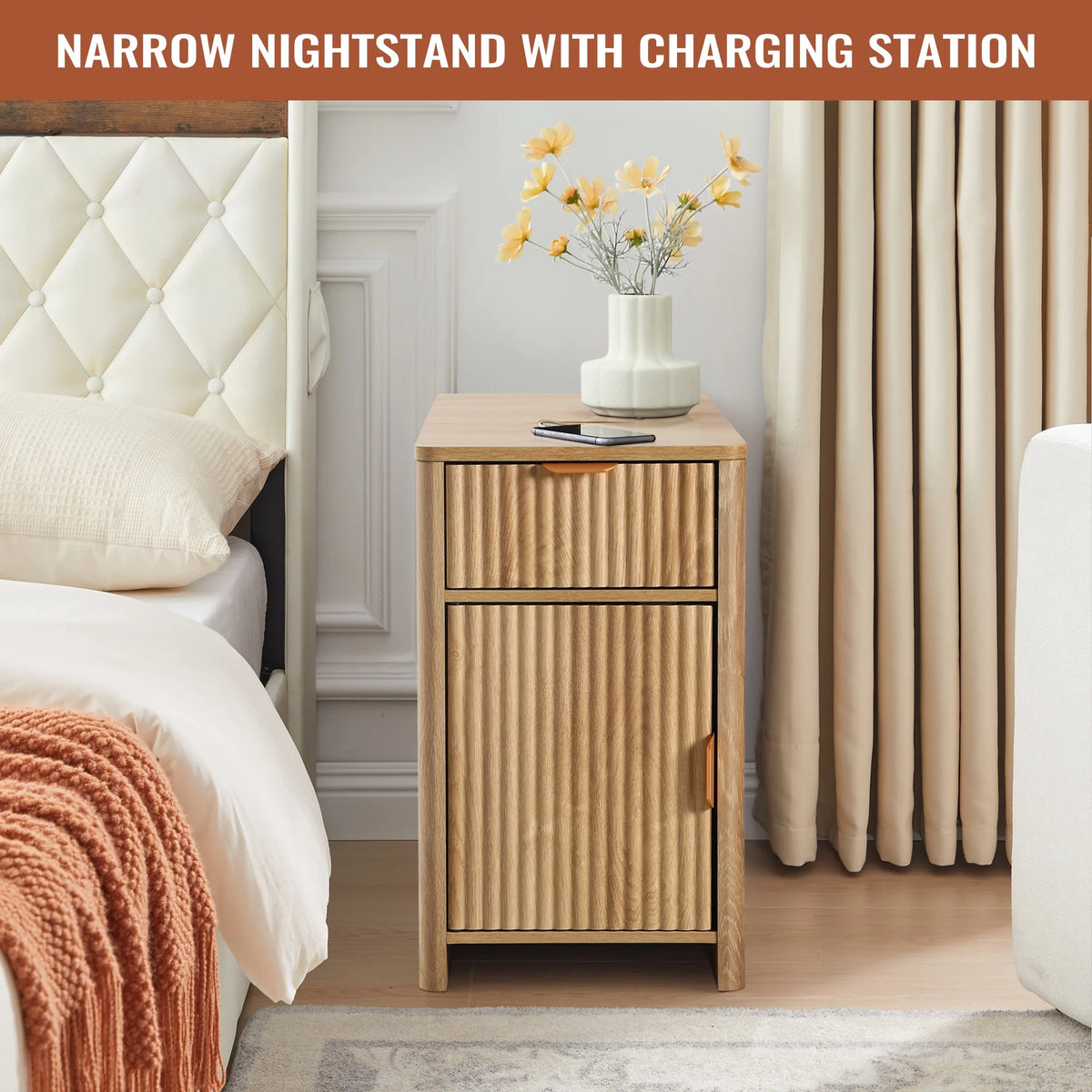 YOCWO Fluted Nightstand for Bedroom Set of 2 , Wood Bedside Table Set of 2 with Drawers, Black