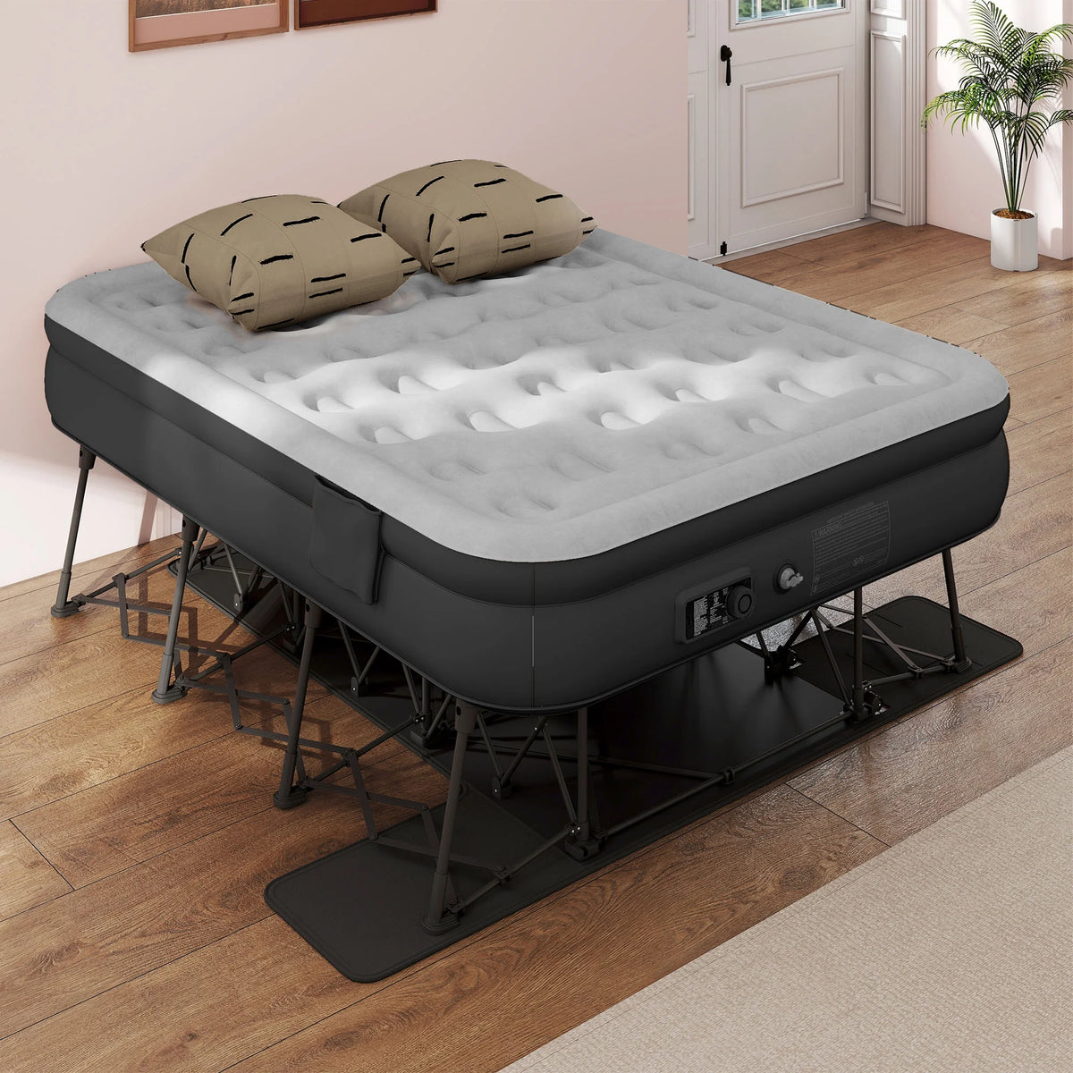 Uforic Inflatable Queen Air Mattress with Built-in Pump, Frame, Velvet Surface & Portable Storage Case, Khaki