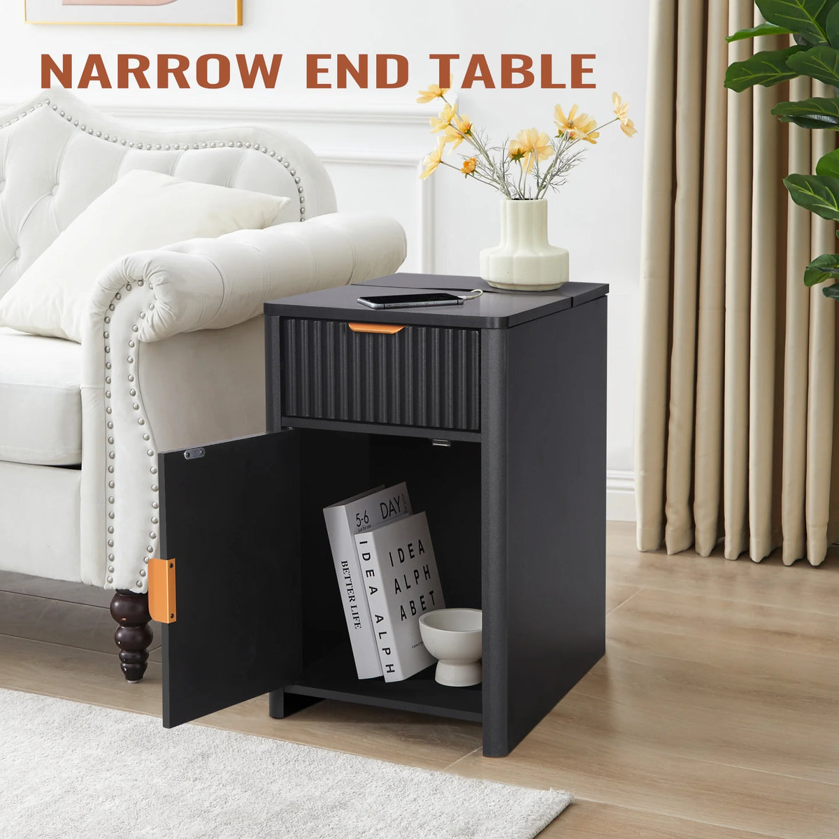 YOCWO Fluted Nightstand for Bedroom Set of 2 , Wood Bedside Table Set of 2 with Drawers, Black