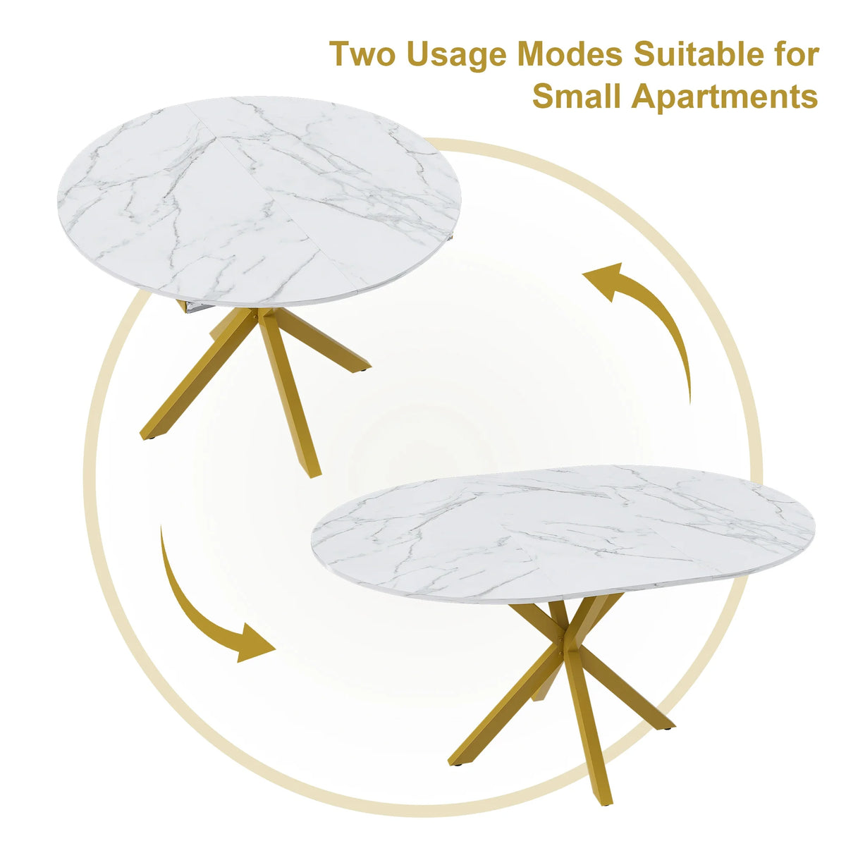UHOMEPRO Extendable Dining Table with Extendable Blades, Modern Round Kitchen Table with Faux Marble Tabletop, Single Dining Room Table with Carbon Steel X-shaped Base for Dining Room, White+Gold