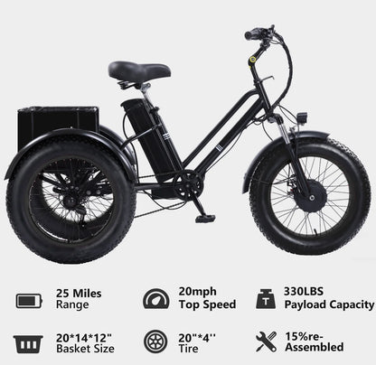YEBEI Electric Tricycle for Adults Folding E-Trike Motorized Tricycle Electric 3 Wheels Trike Powerful 500W Motor Electric Tricycle 48V15AH Lithium Battery Max 20MPH 20*4.0�� Fat Tire Orange