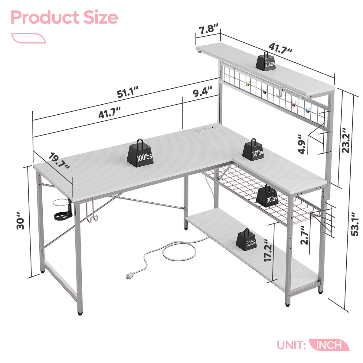 Bestier 51 L Shaped Gaming Desk with Power Outlets & LED Light, Computer Desk with 4 Tiers Shelves for Home Office, Reversible Gamer Table with Hooks and Cup Holder, Carbon Fiber