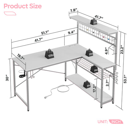 Bestier 51 L Shaped Gaming Desk with Power Outlets & LED Light, Computer Desk with 4 Tiers Shelves for Home Office, Reversible Gamer Table with Hooks and Cup Holder, Carbon Fiber